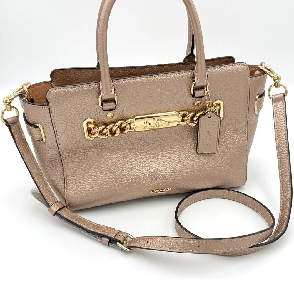 Coach Metallic Rose Gold Pebble Leather Blake 25 Carryall Satchel Bag F39847 NEW